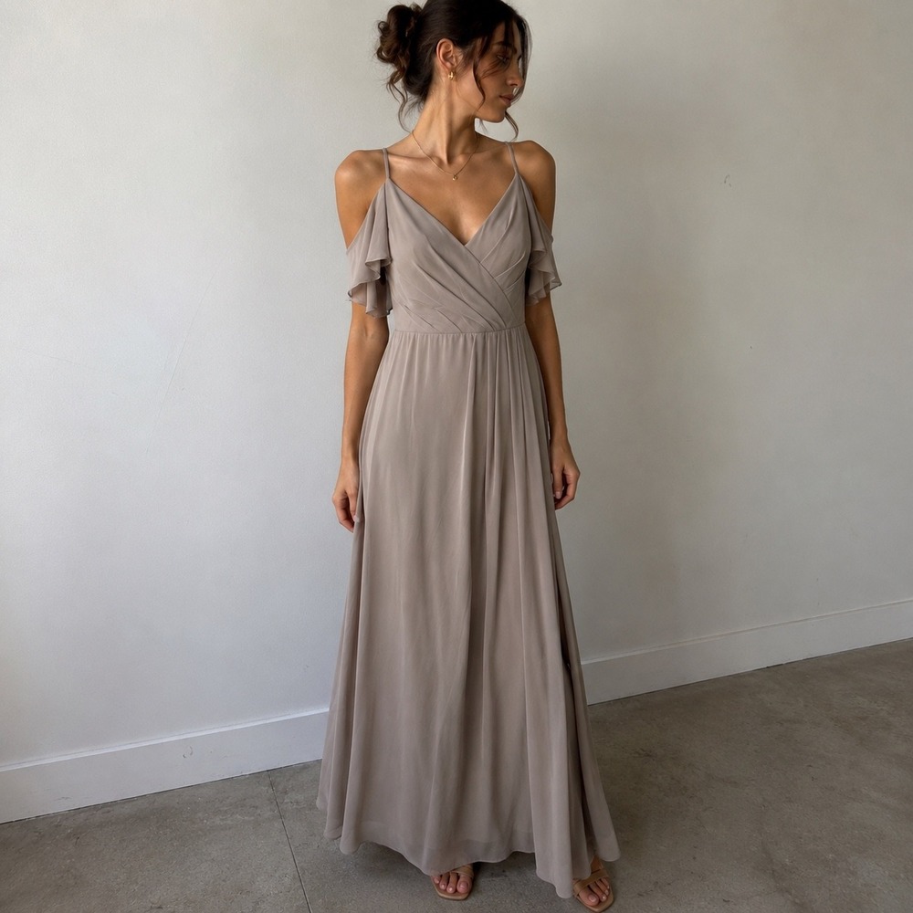Bill Levkoff Taupe Chiffon Cold Shoulder Maxi Gown Size 16 Formal Bridesmaid